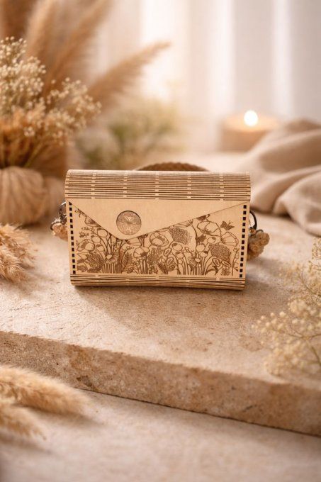 Sac à main bois clair gravé — corde beige, aimant, format chic
