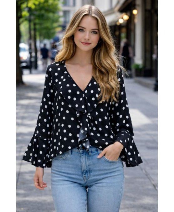 Blouse à pois volant cascade, noir, col V, manches évasées