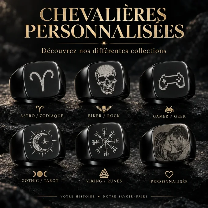 Chevalière noire gravée personnalisable – motif, texte ou photo