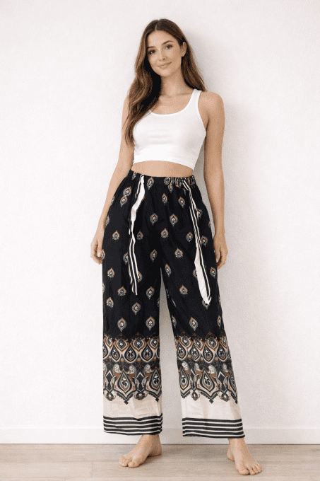 Pantalon fluide imprimé, taille haute à nouer, coloris au choix